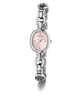 GUESS Ladies Silver Tone Analog Watch with pink face on a white background