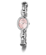 GUESS Ladies Silver Tone Analog Watch with pink face on a white background