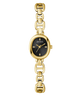 GUESS Ladies Gold Tone Analog Watch with black face on a white background