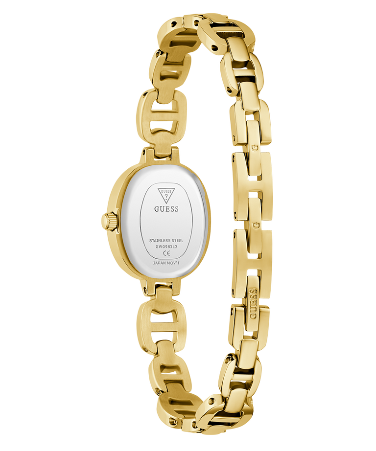 Gold chain-link watch with a white face on a white background