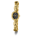 GUESS Ladies Gold Tone Analog Watch with black face on a white background