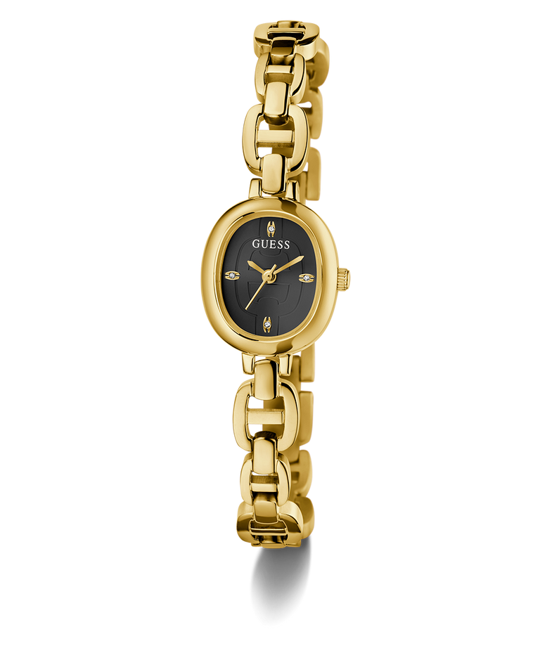 GUESS Ladies Gold Tone Analog Watch with black face on a white background