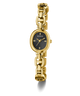 GUESS Ladies Gold Tone Analog Watch with black face on a white background