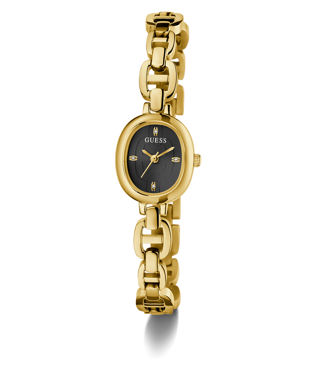 GUESS Ladies Gold Tone Analog Watch with black face on a white background