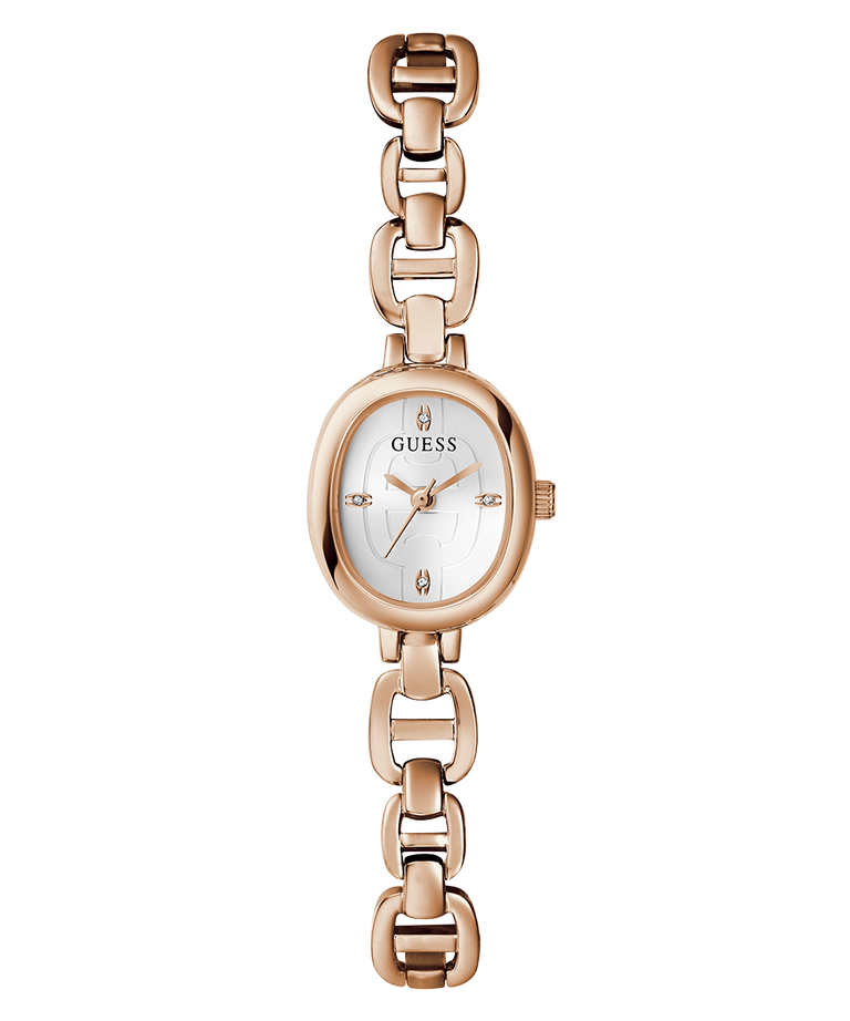 GUESS Ladies Rose Gold Tone Analog Watch with a white face on a white background