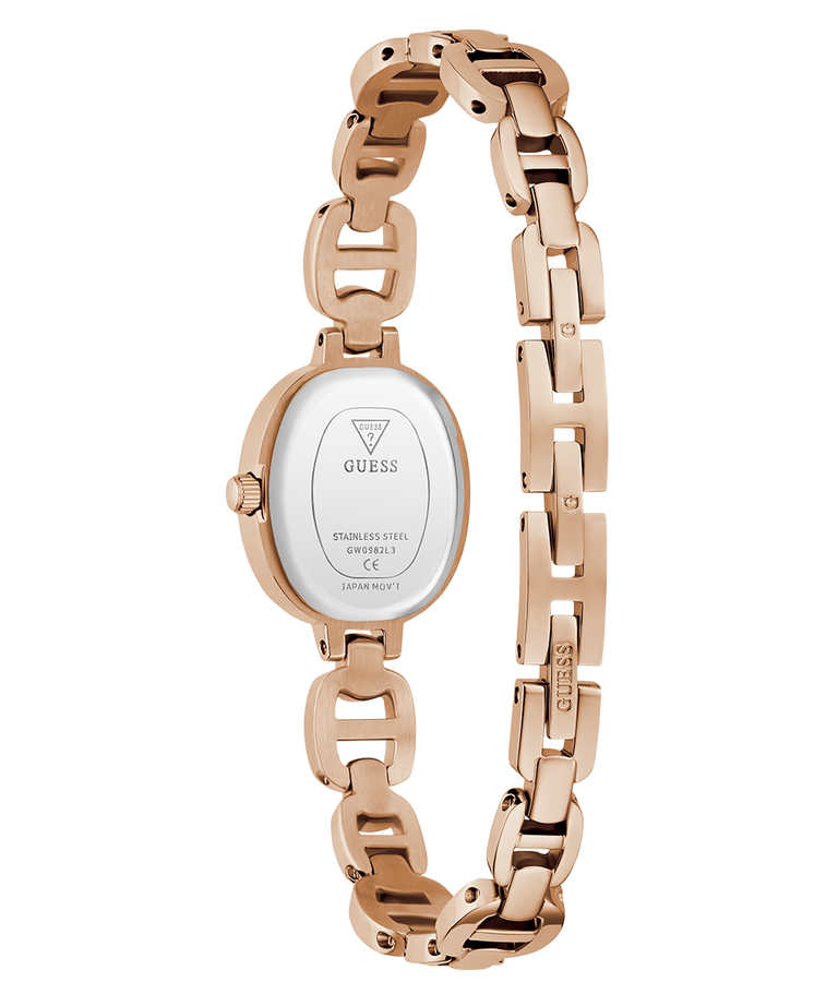 Rose gold chain-link watch with a white face on a white background