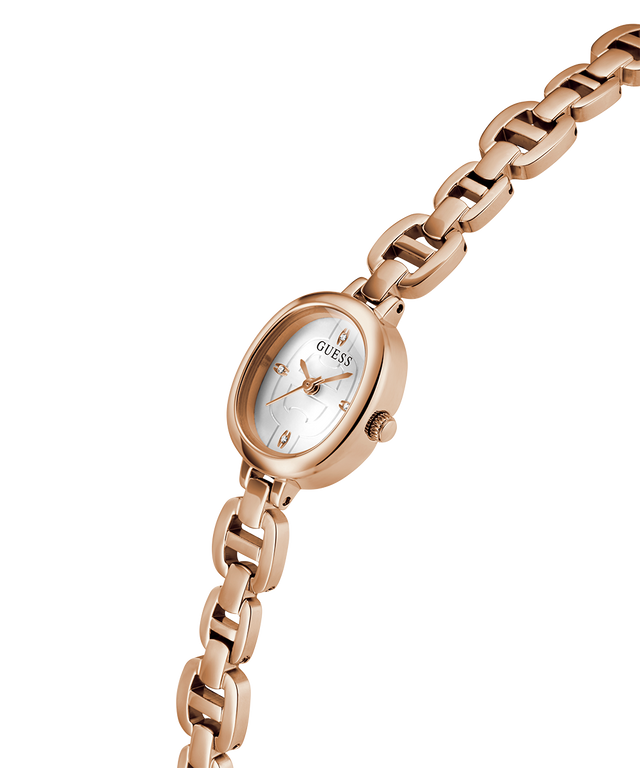Rose gold watch with a white face on a white background lifestyle