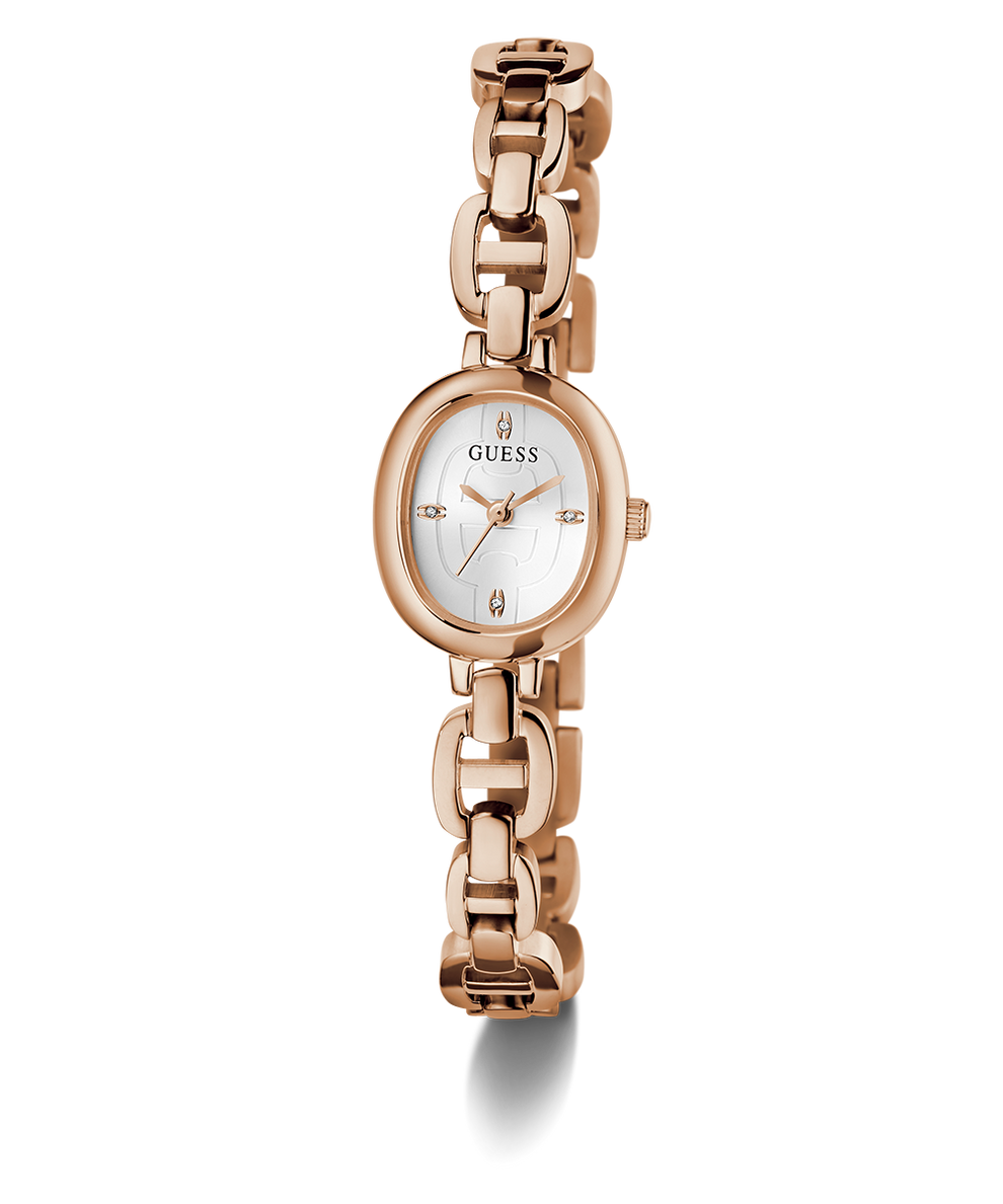 GUESS Ladies Rose Gold Tone Analog Watch with a white face on a white background