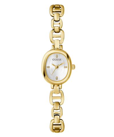 GUESS Ladies Gold Tone Analog Watch with a white face on a white background