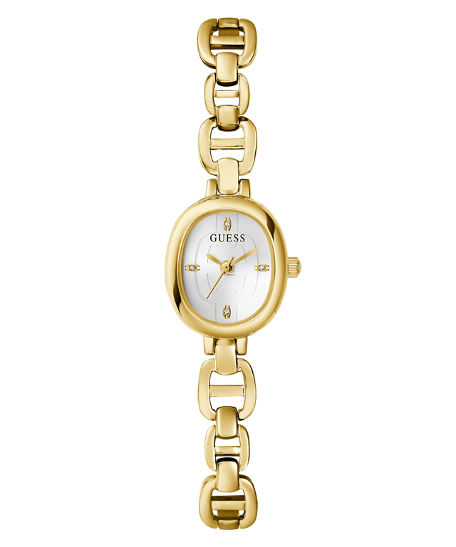 GUESS Ladies Gold Tone Analog Watch with a white face on a white background