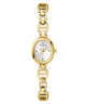 GUESS Ladies Gold Tone Analog Watch with a white face on a white background