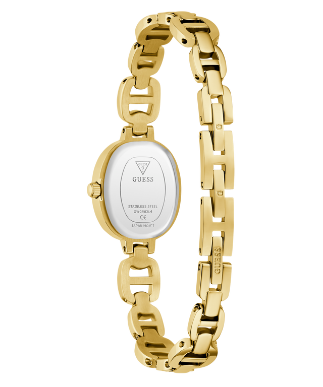 Gold chain-link watch with a visible brand logo on a white background