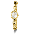 GUESS Ladies Gold Tone Analog Watch with a white face on a white background