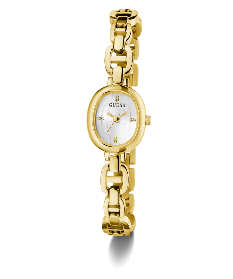 GUESS Ladies Gold Tone Analog Watch with a white face on a white background