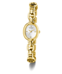 GUESS Ladies Gold Tone Analog Watch with a white face on a white background