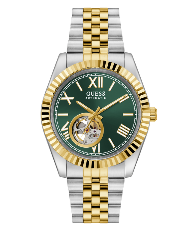 Two-tone silver and gold watch with green face on a white background