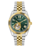 Two-tone silver and gold watch with green face on a white background