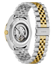 GUESS Mens 2-Tone Automatic Watch with silver and gold metal automatic caseback on a white background
