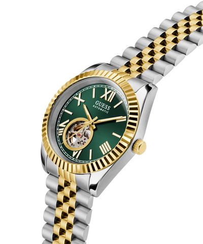 Two-tone silver and gold watch with a green face on a white background lifestyle