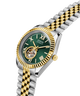 Two-tone silver and gold watch with a green face on a white background lifestyle
