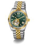 GUESS Mens 2-Tone Automatic Watch with green face on a white background