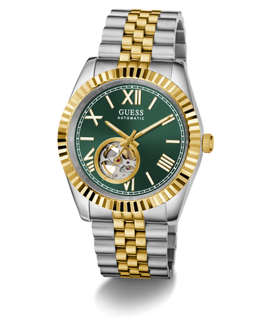 GUESS Mens 2-Tone Automatic Watch with green face on a white background