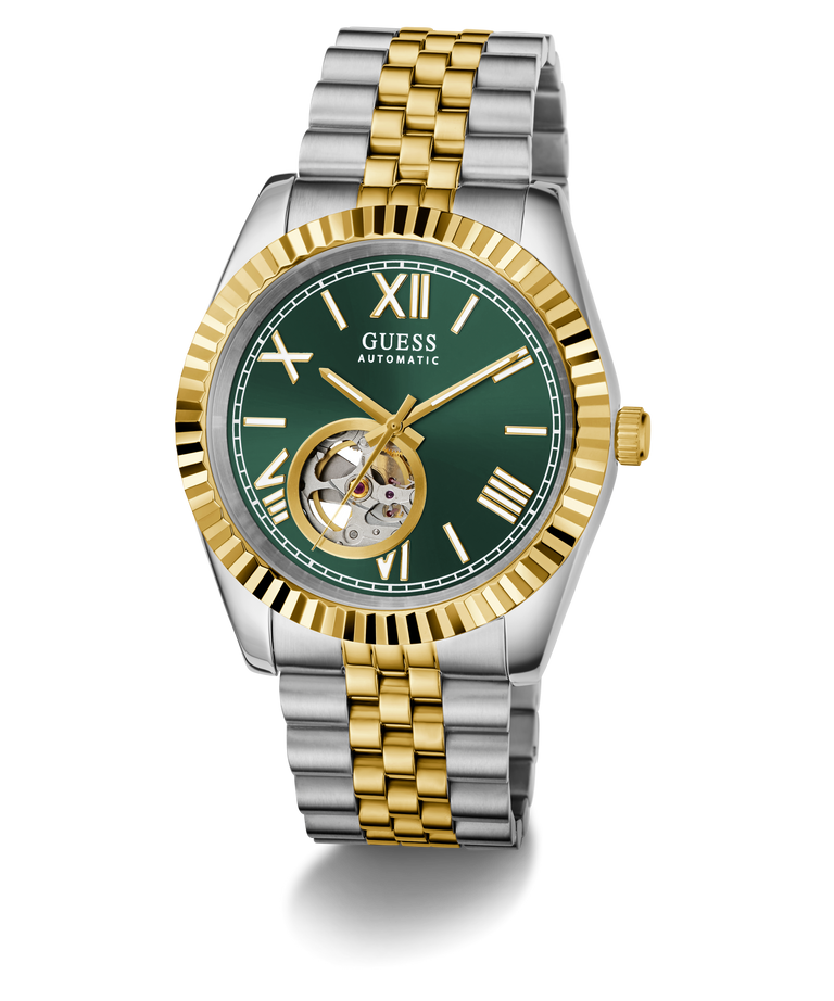 GUESS Mens 2-Tone Automatic Watch with green face on a white background