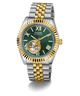 GUESS Mens 2-Tone Automatic Watch with green face on a white background