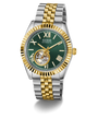 GUESS Mens 2-Tone Automatic Watch with green face on a white background