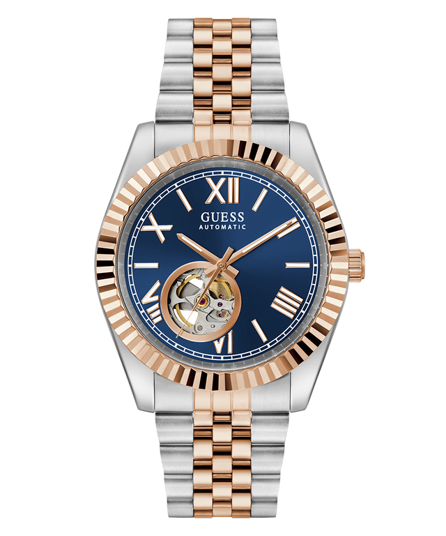 GUESS Mens 2-Tone Automatic Watch with two-tone rose gold and silver strap on a white background