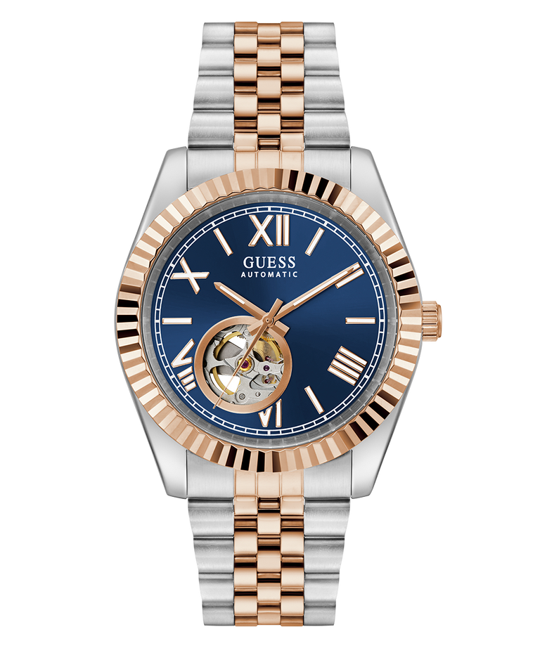 GUESS Mens 2-Tone Automatic Watch with two-tone rose gold and silver strap on a white background