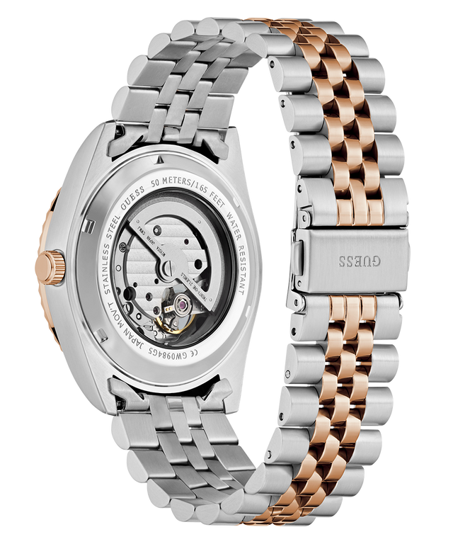 GUESS Mens 2-Tone Automatic Watch with detailed mechanism on a white background