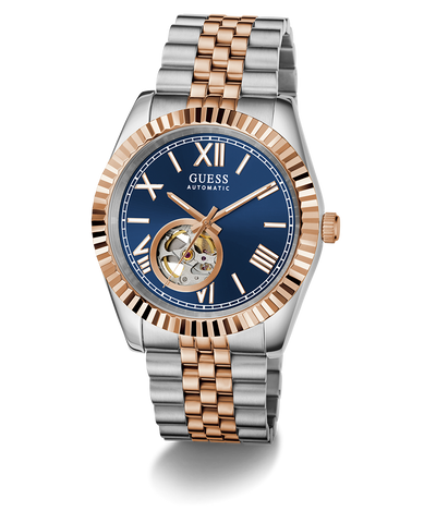 GUESS Mens 2-Tone Automatic Watch with rose gold and silver band on a white background