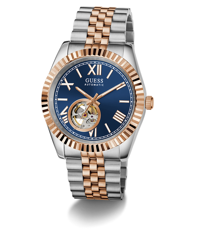 GUESS Mens 2-Tone Automatic Watch with rose gold and silver band on a white background