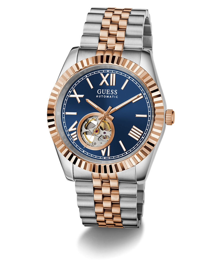 GUESS Mens 2-Tone Automatic Watch with rose gold and silver band on a white background