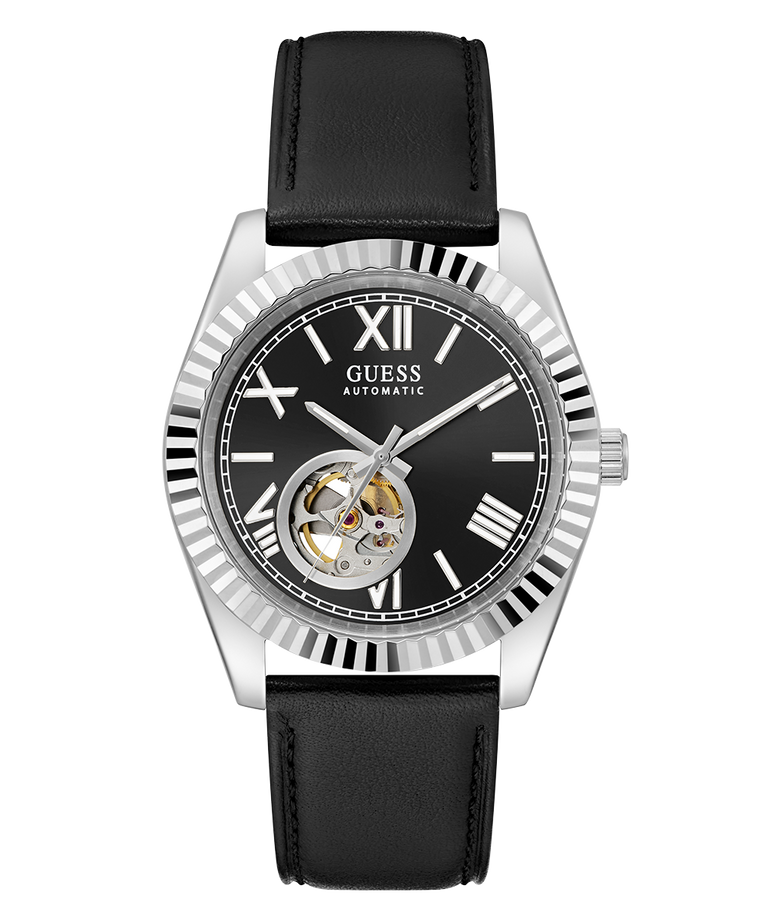 GUESS Mens Black Silver Tone Automatic Watch with silver case and black leather strap on a white background