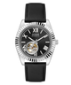GUESS Mens Black Silver Tone Automatic Watch with silver case and black leather strap on a white background