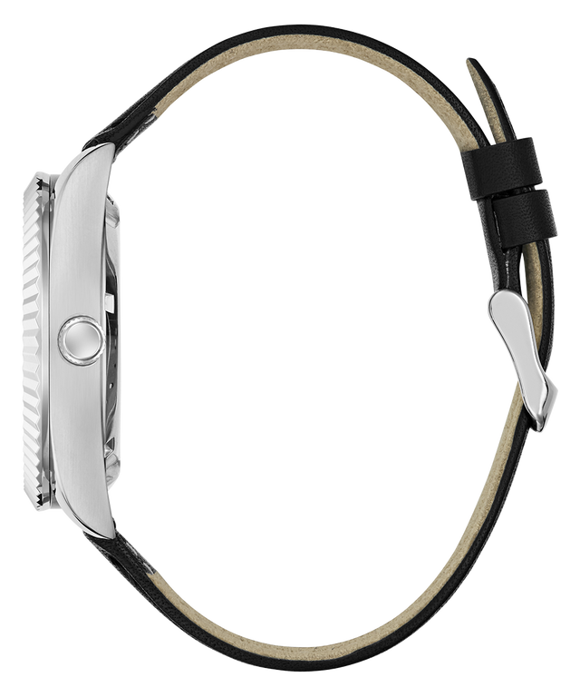 Watch with black strap and silver case on a white background