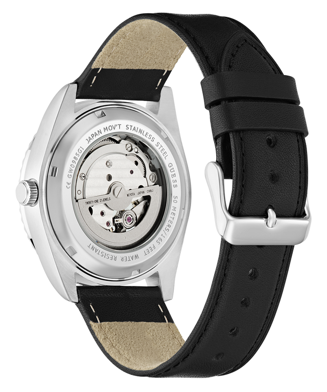 GUESS Mens Black Silver Tone Automatic Watch with black leather strap and silver case on a white background
