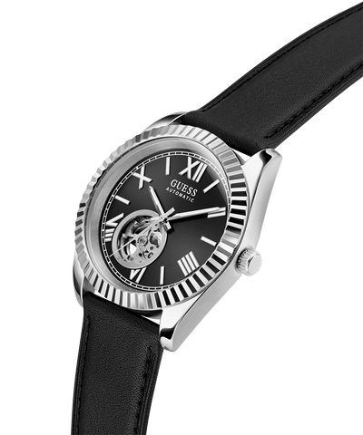 Black watch with a silver case and black strap on a white background lifestyle