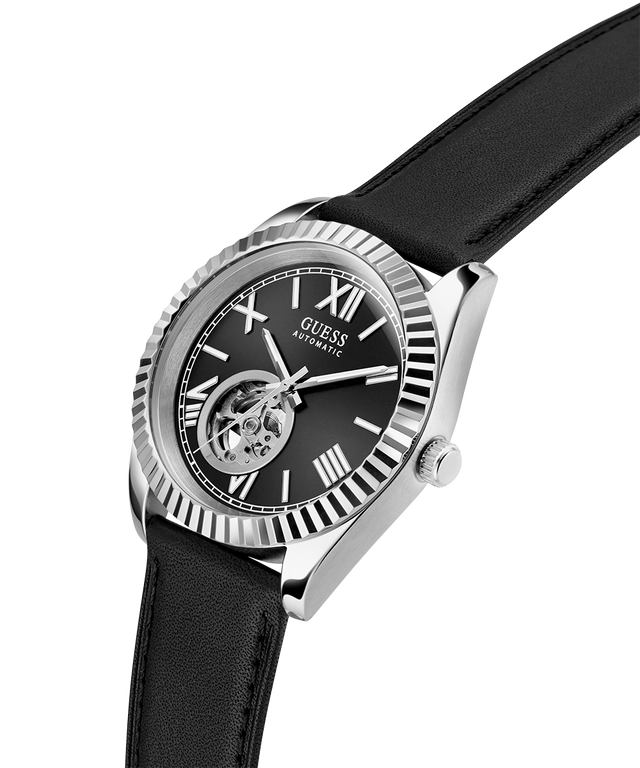 Black watch with a silver case and black strap on a white background lifestyle