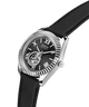 Black watch with a silver case and black strap on a white background lifestyle