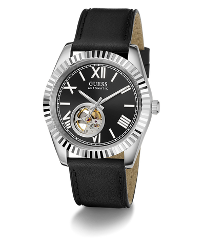 GUESS Mens Black Silver Tone Automatic Watch with a silver case and black leather strap on a white background