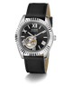 GUESS Mens Black Silver Tone Automatic Watch with a silver case and black leather strap on a white background