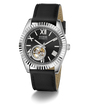 GUESS Mens Black Silver Tone Automatic Watch with a silver case and black leather strap on a white background