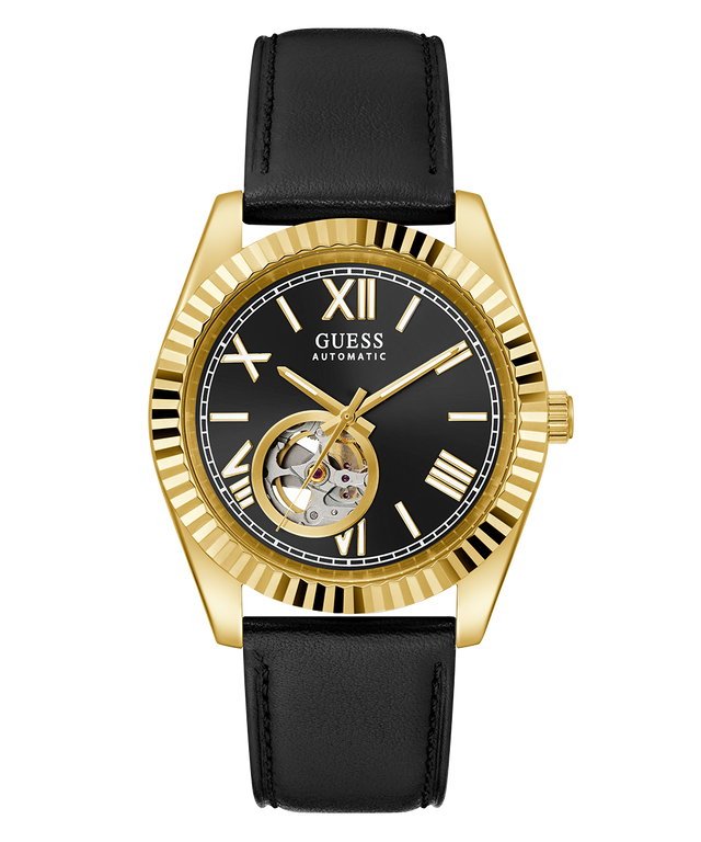 GUESS Mens Black Gold Tone Automatic Watch with visible brand name on a white background
