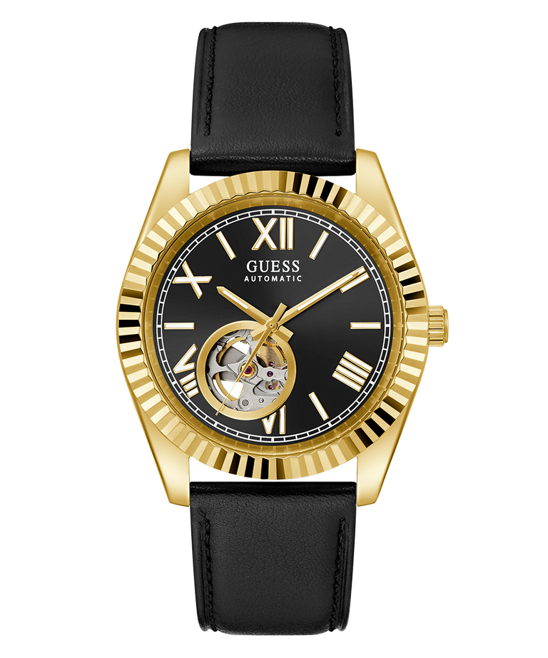 GUESS Mens Black Gold Tone Automatic Watch with visible brand name on a white background