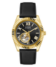 GUESS Mens Black Gold Tone Automatic Watch with visible brand name on a white background