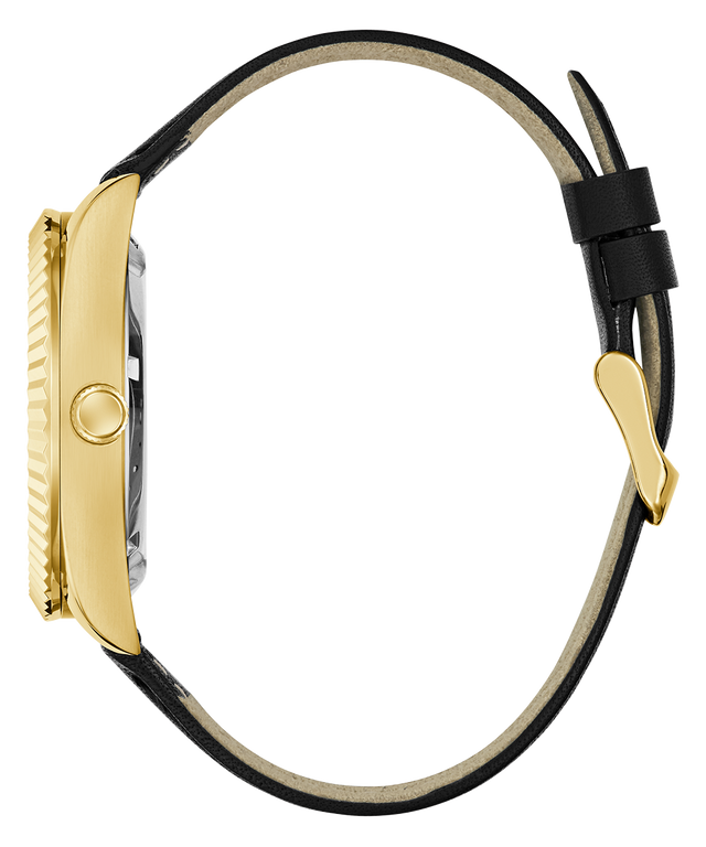 Side of GUESS Mens Black Gold Tone Automatic Watch watch with black strap on a white background
