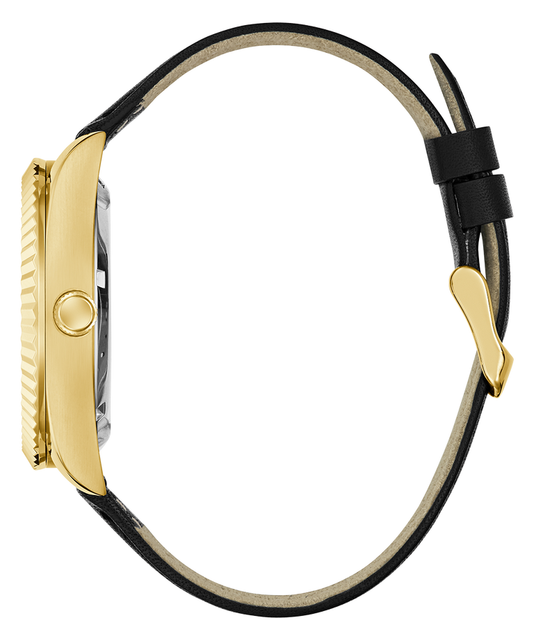 Side of GUESS Mens Black Gold Tone Automatic Watch watch with black strap on a white background